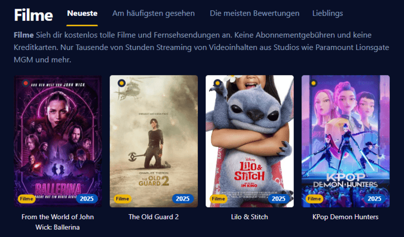 Screenshot der Filmpalast-Benutzeroberfl&auml;che die verschiedene Filmtitel und Serienepisoden anzeigt